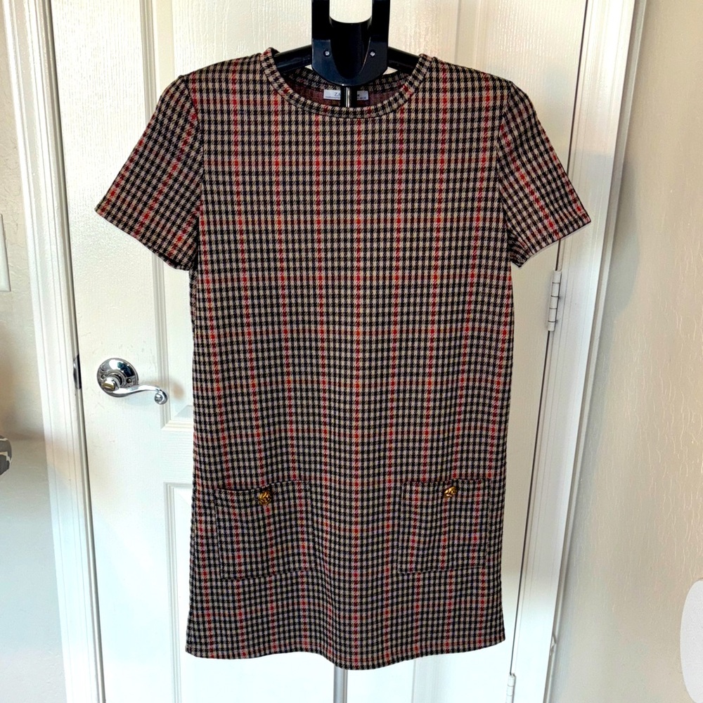 Zara Short Sleeve plaid Mini Dress with  front Pockets size M multicolor